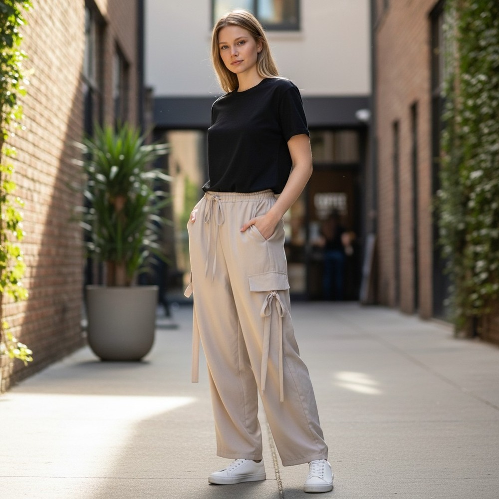Salanta Women Beige Wide Leg Cargo Pants‎ Drawstring Size Large